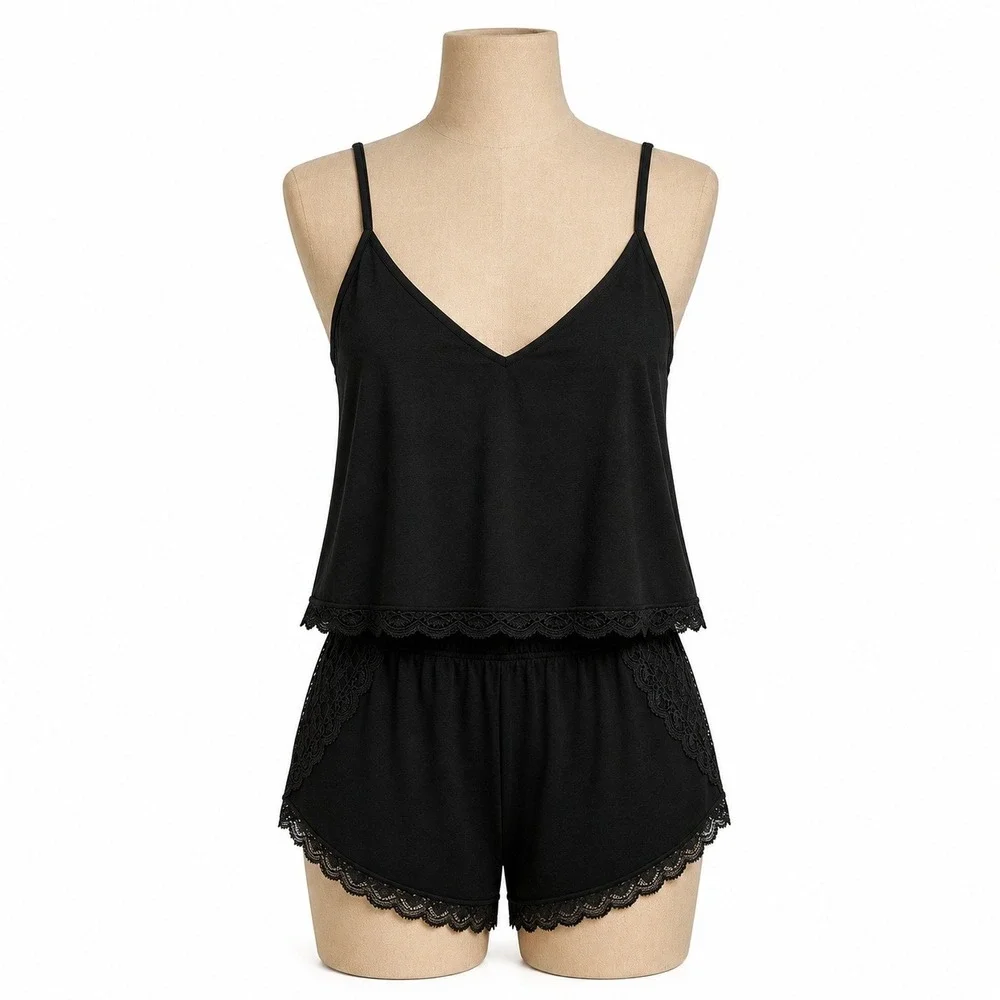 Victorias‎ Secret Sheer Lace Cami Shorts Pajama Set Sz L Black PJs Lingerie Sexy